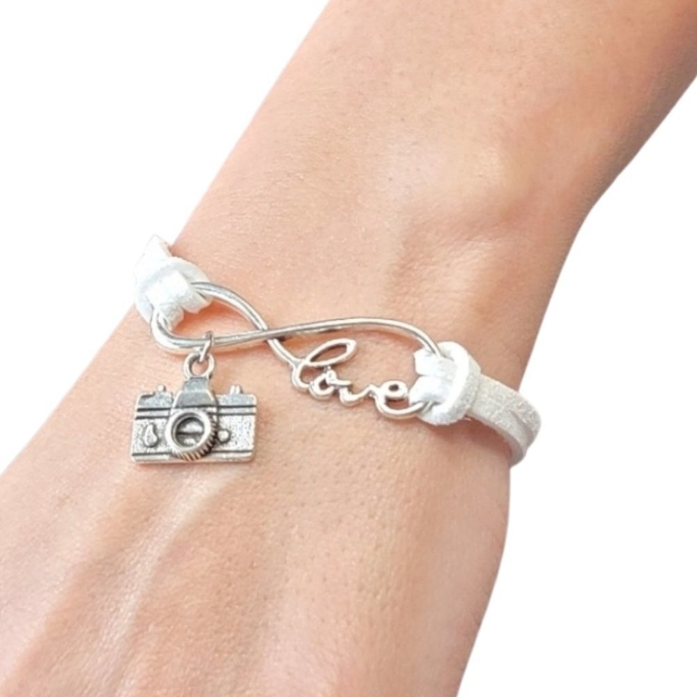 3/$20 Photographer Fashion Bracelet Camera Infinity Love White Suede Adjustable